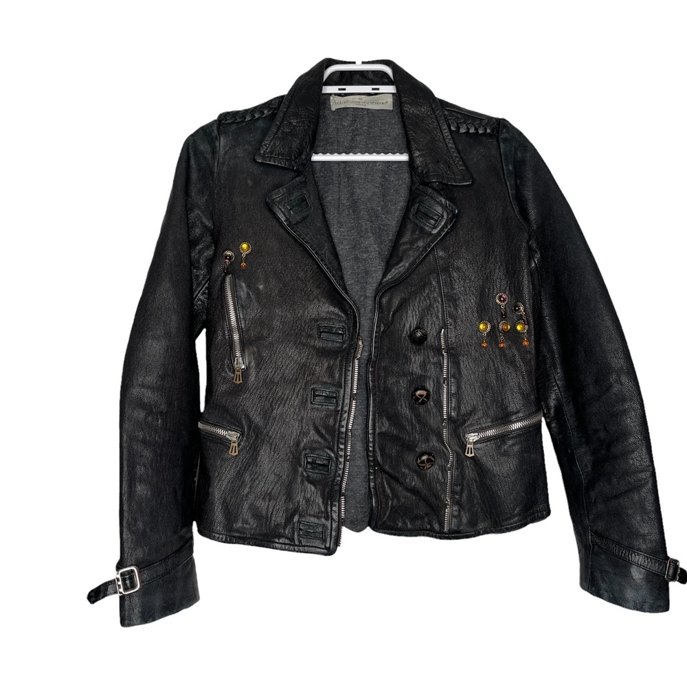 Golden Goose Deluxe Brand Black Leather Moto Jacket With Crystal Embellishments